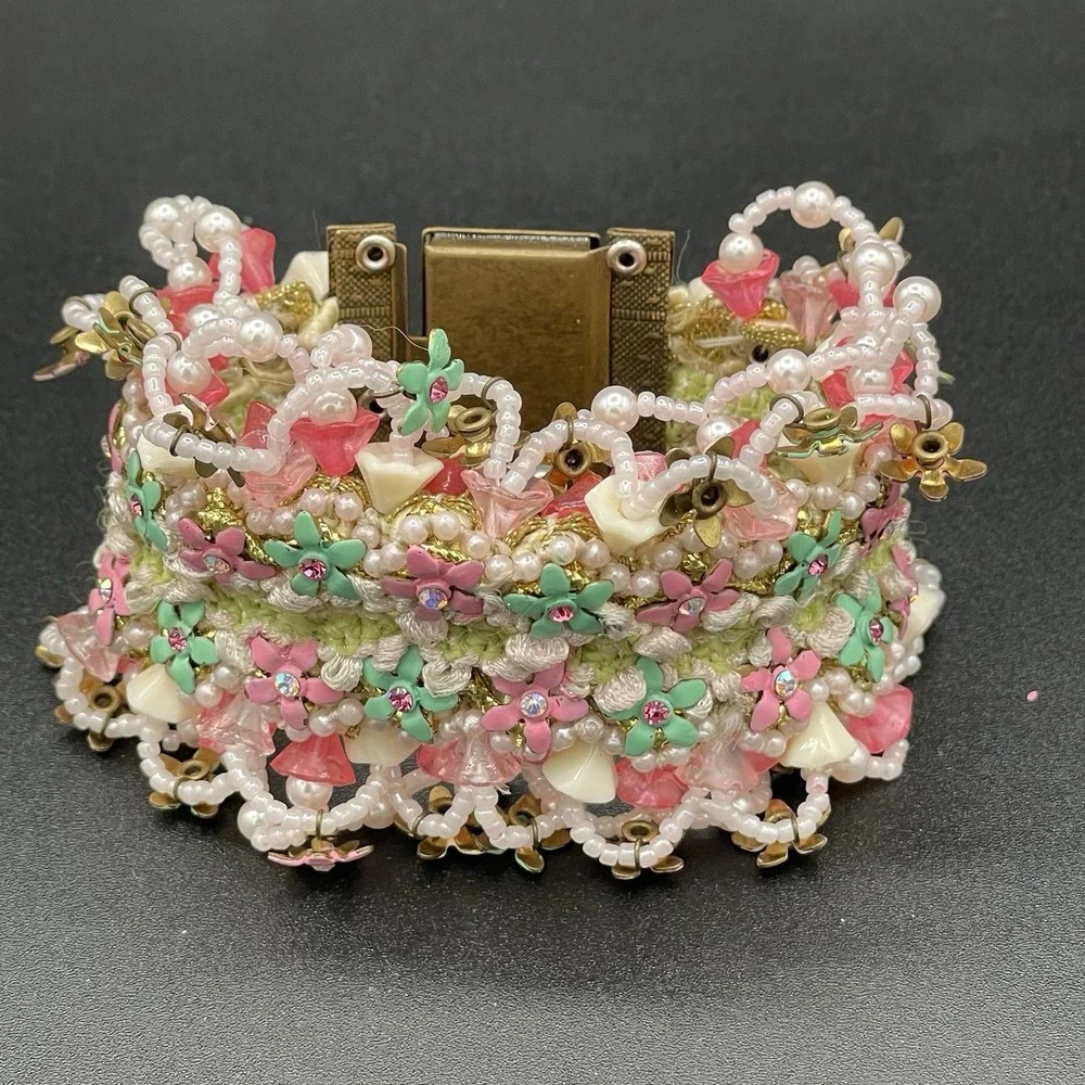 Vintage Israel Victorian Revival Cuff Beaded Floral Bracelet Unsigned 7.5